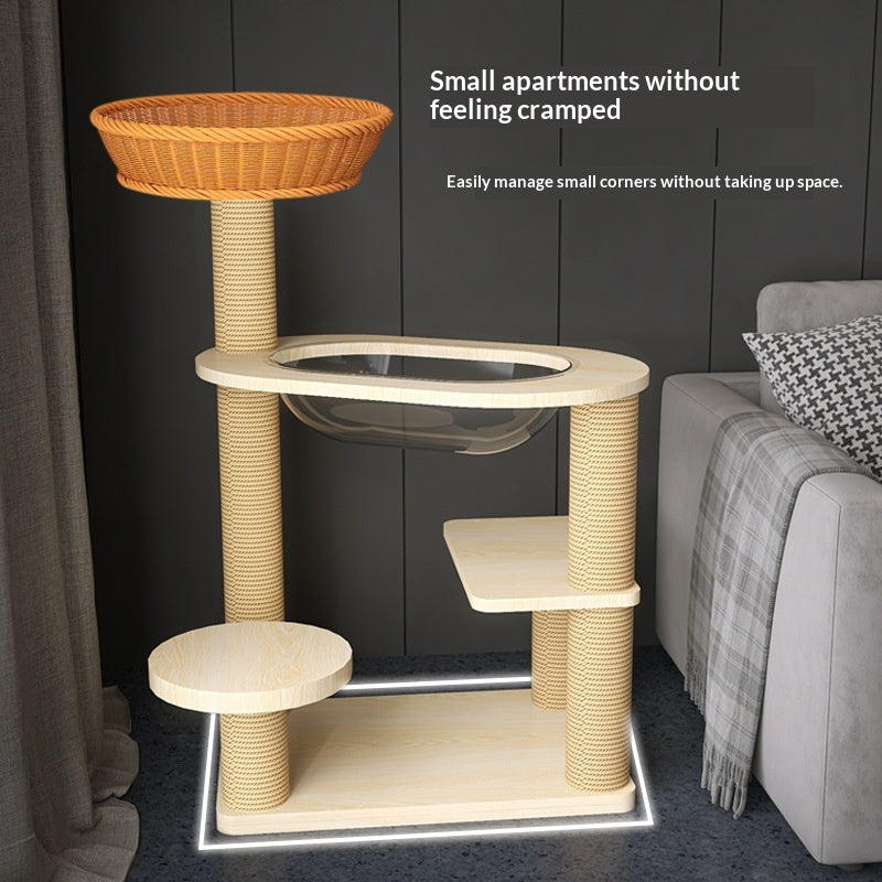 Arbre de chat en bois massif avec plates-formes multi-niveaux et lit de chat en rotin tissé