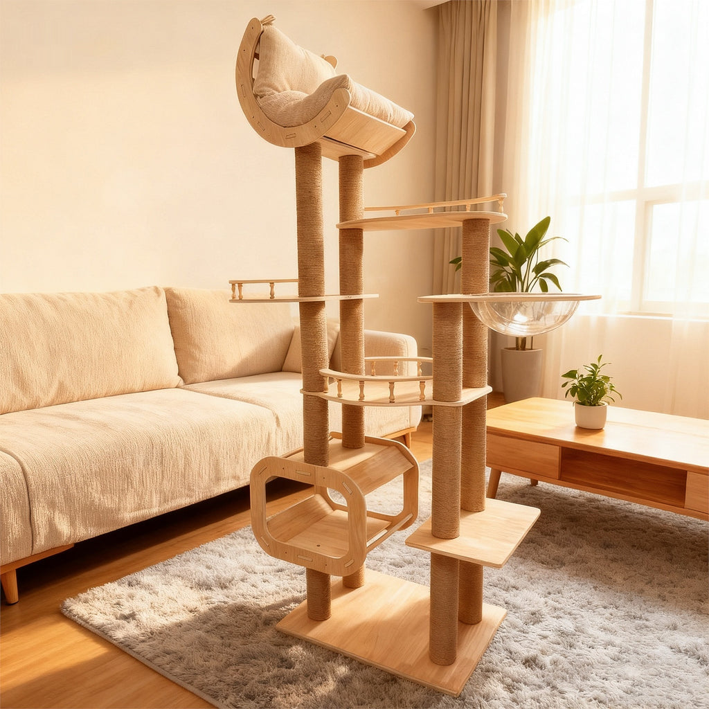 Maison de chat et arbre de chat multicouche en bois massif