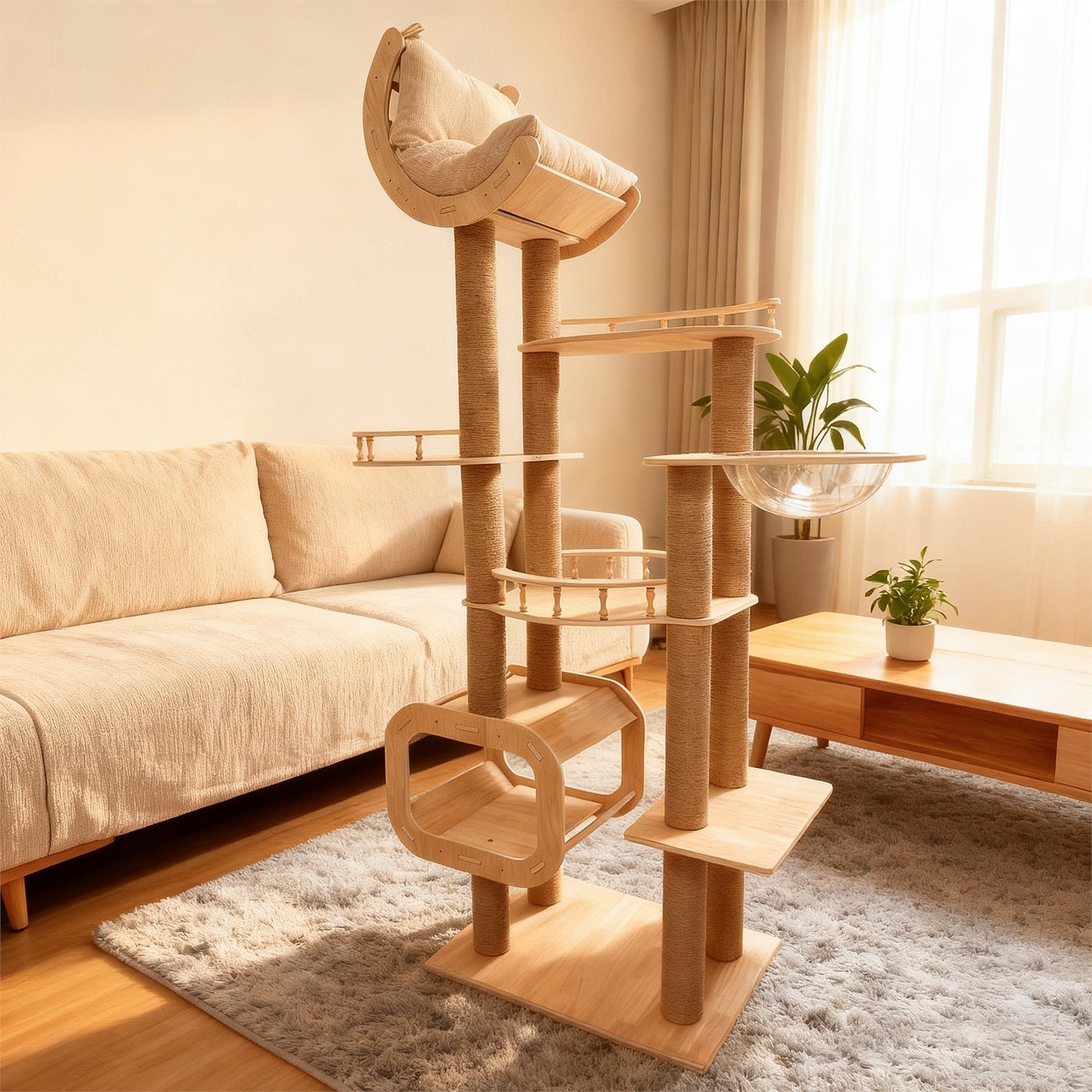 Maison de chat et arbre de chat multicouche en bois massif