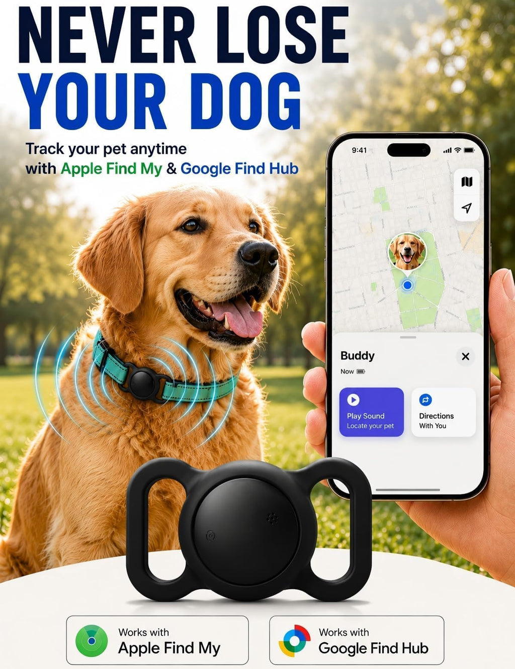 Tracker GPS pour chiens IOS & Android - Pas d'abonnement Collier GPS Tracker pour chiens Smart Cat Real
