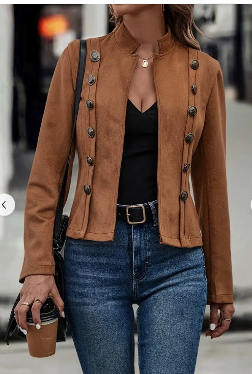 Manteau à manches longues retro Velvet à boucle métallique à double rangée