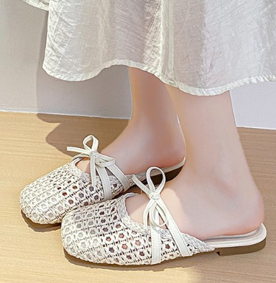 Femmes de style français Appartement orteil fermé Mules Summer Outdoor Hollow Roman Sandales Woven Gorge