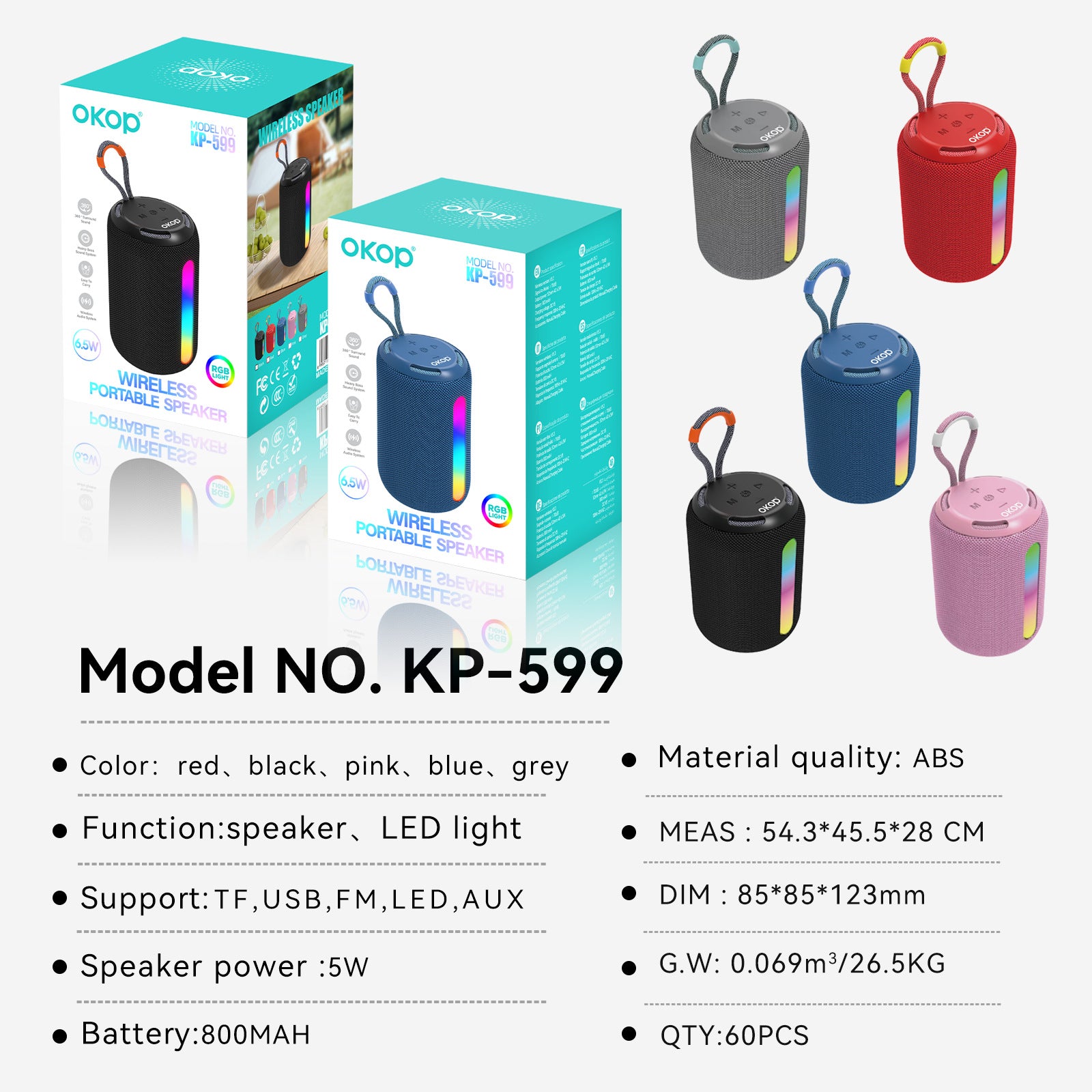 KP-599 Vente haut-parleur Bluetooth extérieur portable avec lumières LED subwoofer et lecteur de cartes