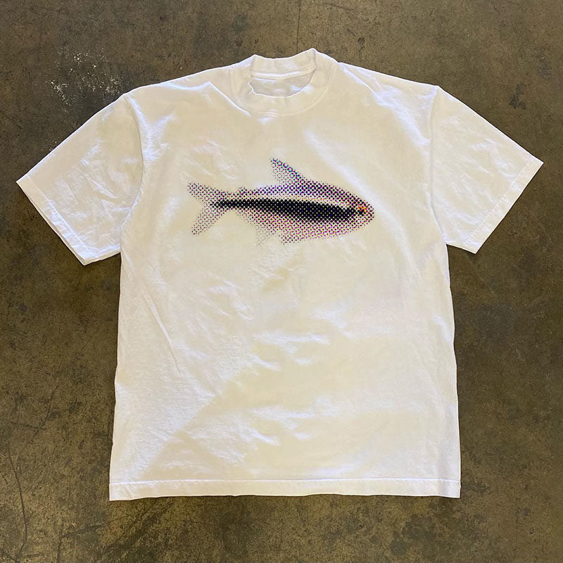 T-shirt à manches courtes surdimensionné avec un petit poisson imprimé unisexe et détendu