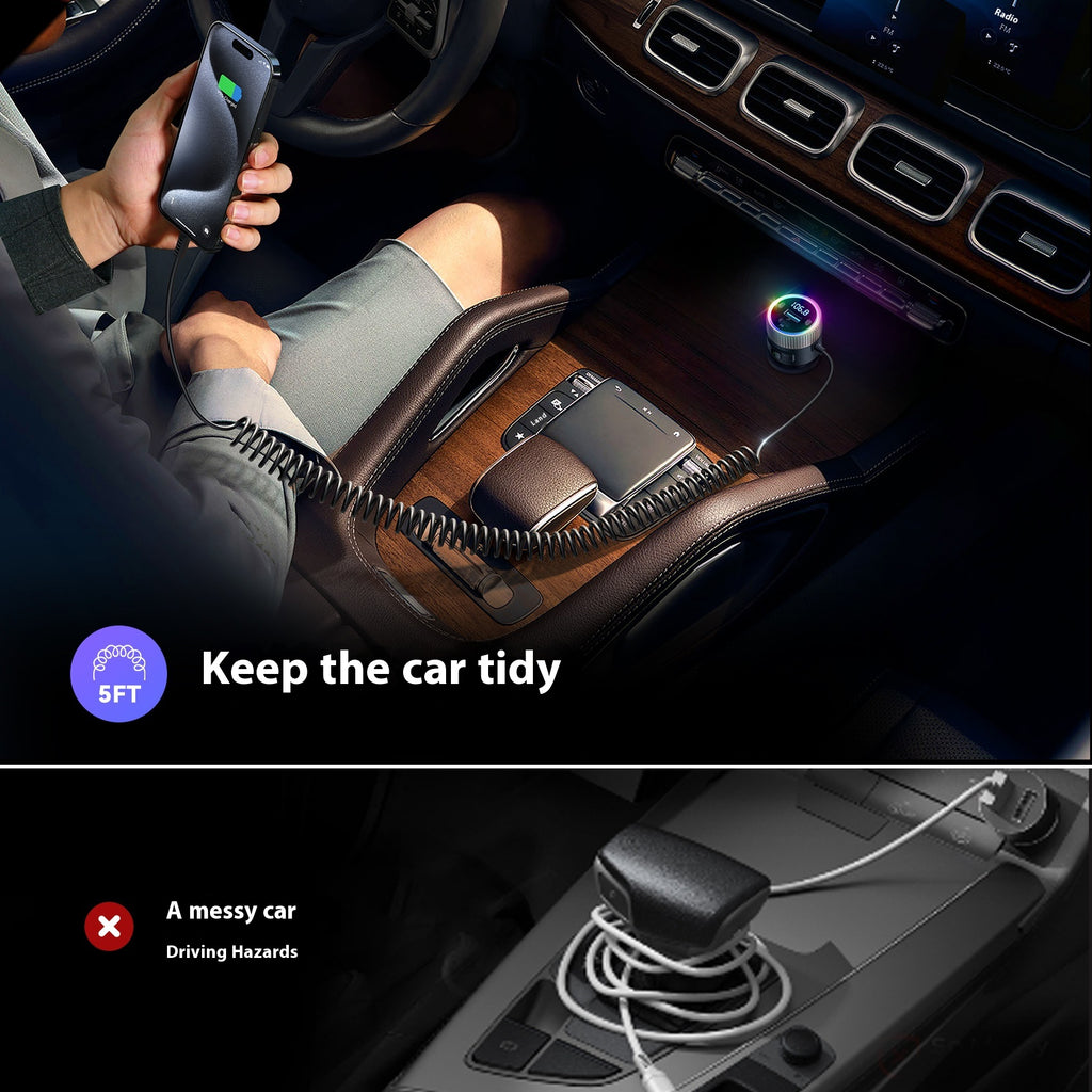 60W Fast Car Phone Charger with Spring C Cable