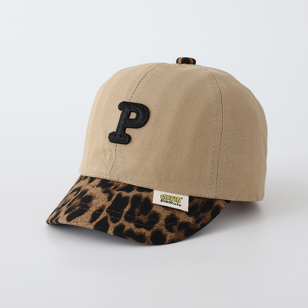 Children's Patchwork Leopard Print Brimmed Letter P Three-Dimensional Embroidered Adjustable