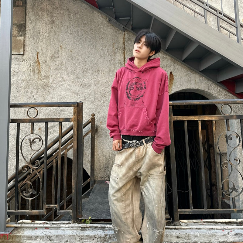 Teinture lavée et stressée courte large Hoodie avec un capot