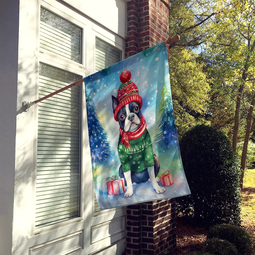 Boston Terrier Drapeau de Noël Maison Grande Manche de porc Pole décoratif extérieur Bannière de triage
