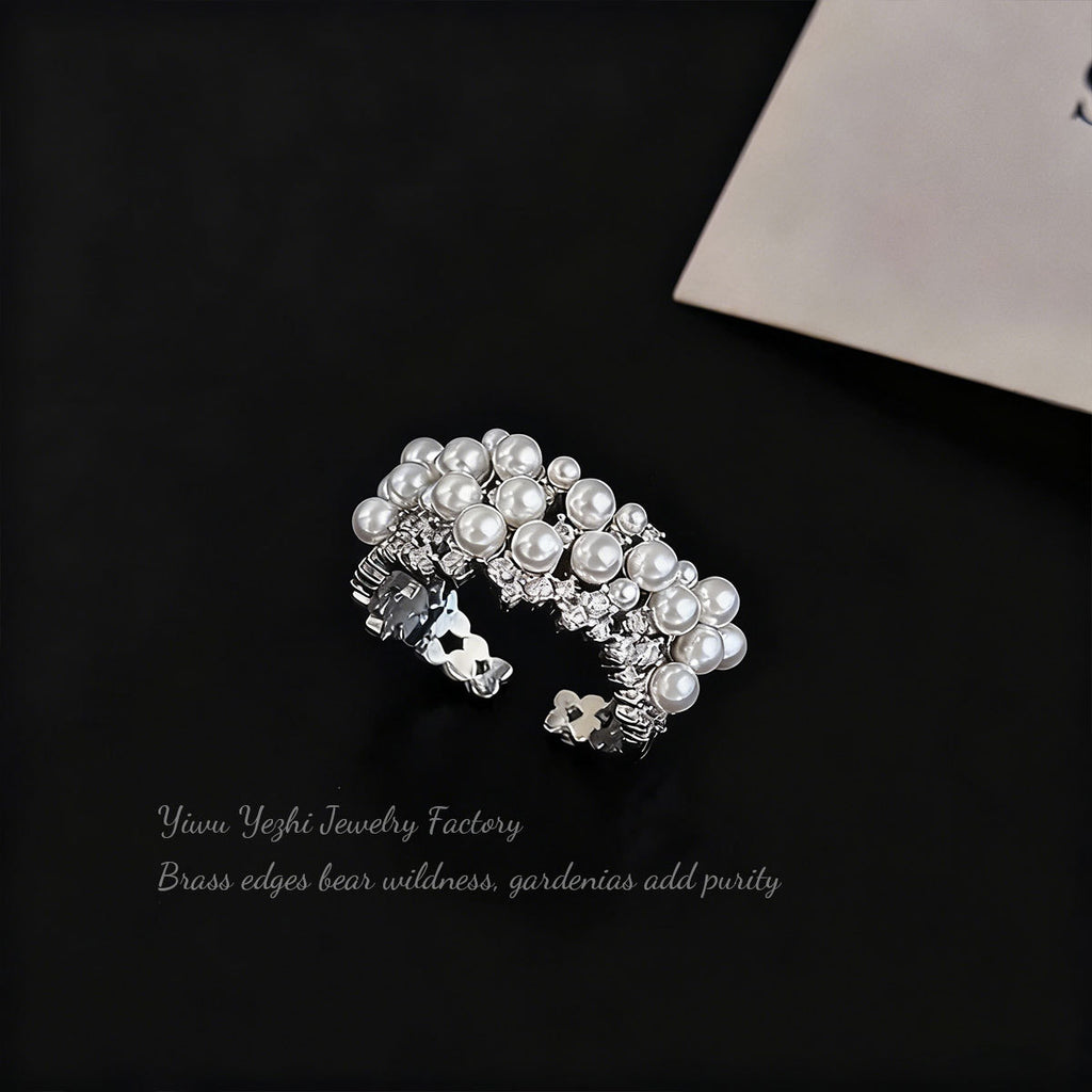 French Light Luxury Elegant Pearl Baby's Breath Bague Cuivre plaqué Real Gold Ajustable Op