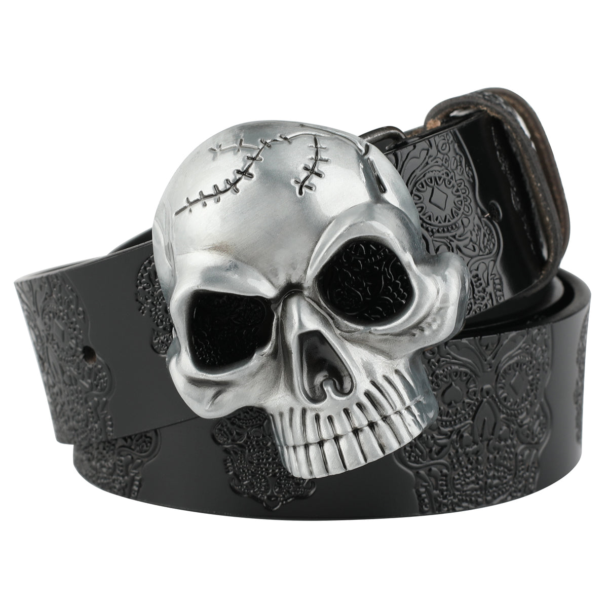 Ceinture en cuir avec tête de fantôme embossée et boucle de crâne lisse