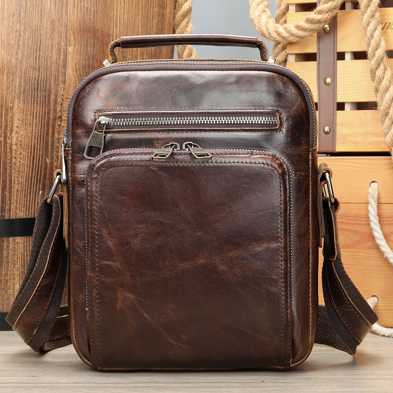 Véritable sac de messager en cuir vintage Cheval fou