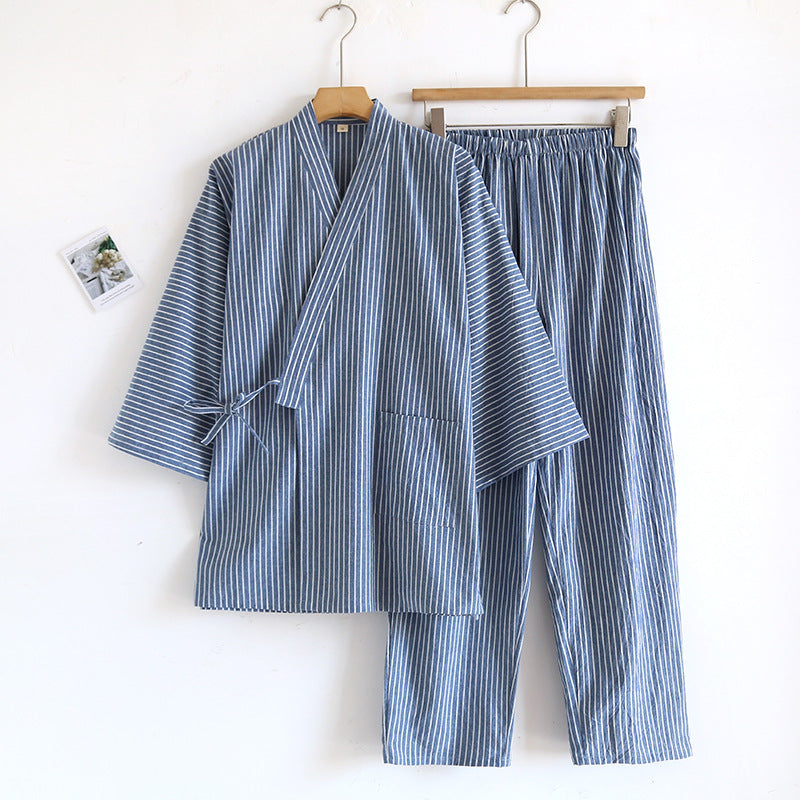 Coton Lavé Pyjama costume mince rayé hommes et femmes japonais couple Kimono pantalons