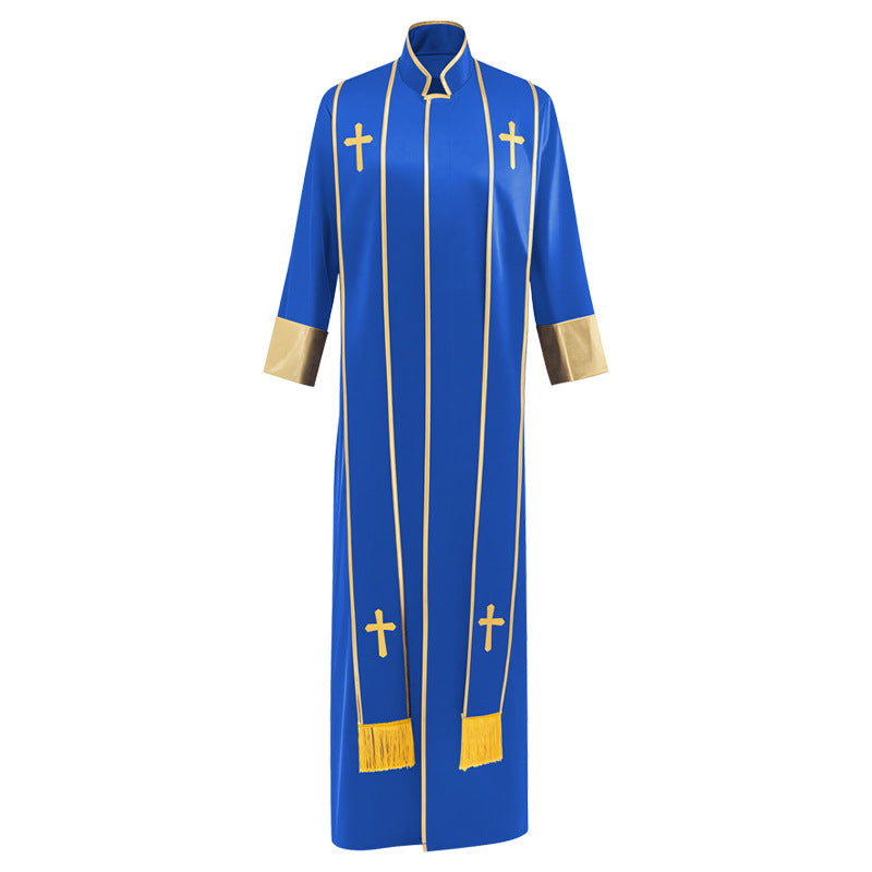 La tenue du pasteur avec broderie croisée multicolore et collier debout