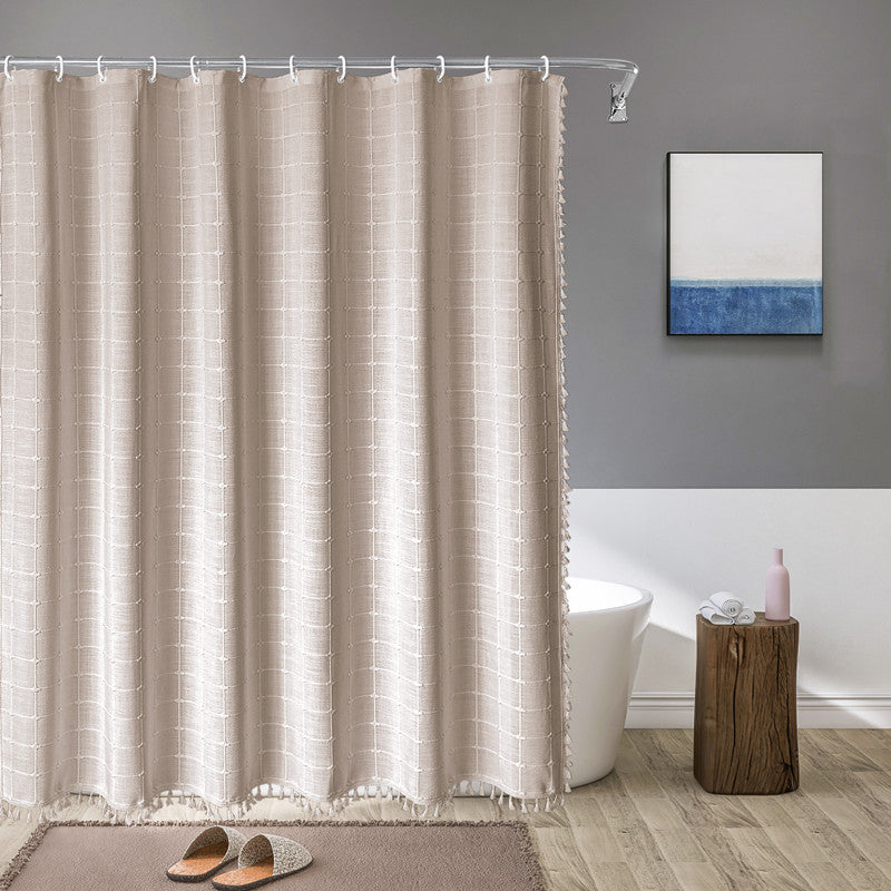 Tencel-linen Checkered Tassel Salle de bain Checkered Partition Rideau de douche imperméable Curta