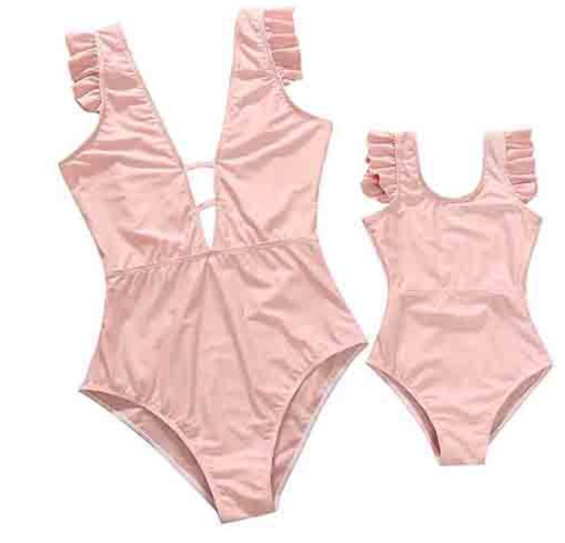 Maillot de bain parent-enfant Maternelle-fille Robe Couleur Solide Col V Une pièce
