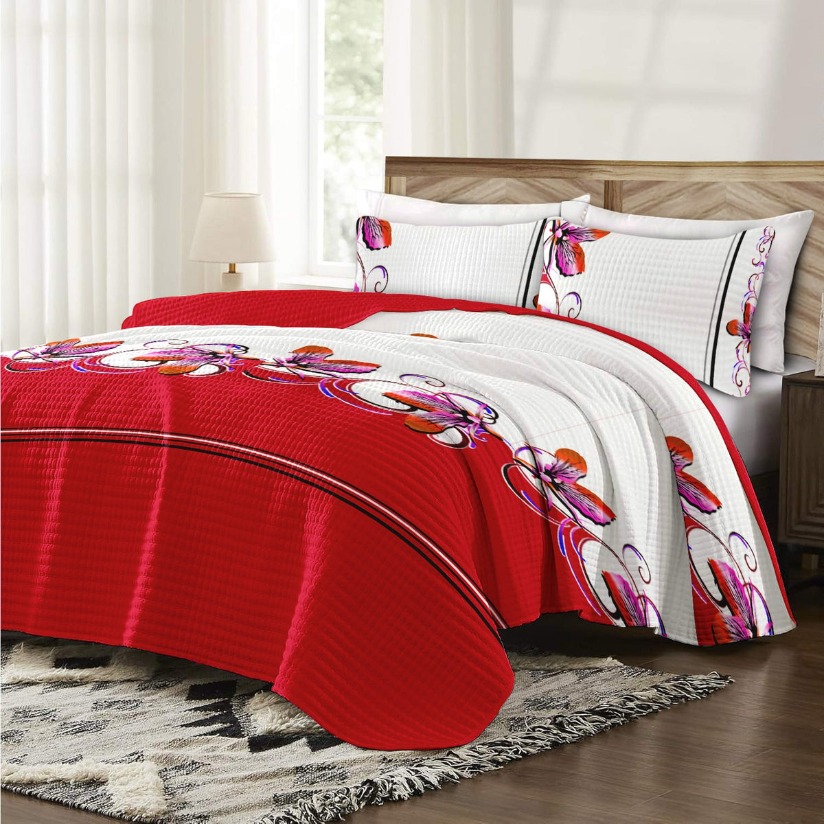 Couche de lit et rideau rouge et blanc 9 pièces pour le roi de Californie