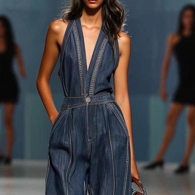 Ensemble de saut en denim sans manches pour femmes Casual Retro