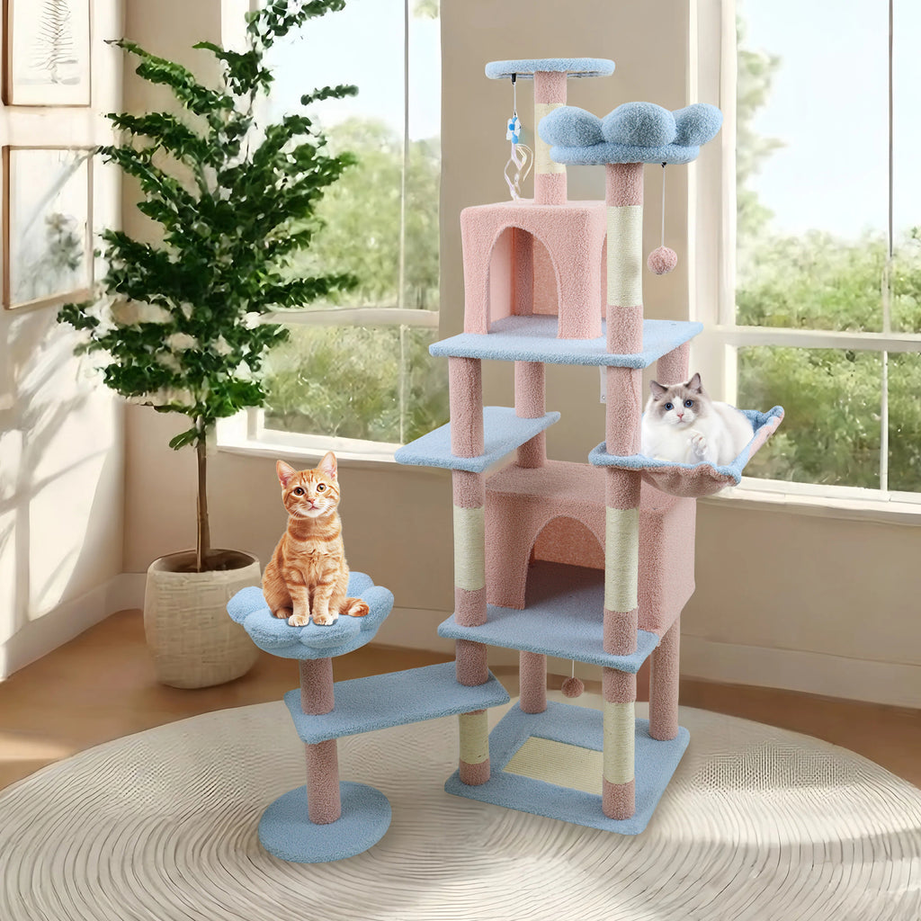 71 pouce arbre de chat fleur avec grand condo coussin de fleur amovible et hamac bleu