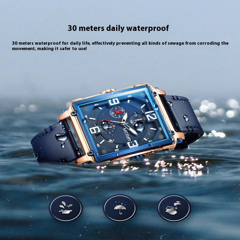 Lumineux homme Waterproof Square Multi-fonction Chronographe Calendrier Montre en cuir