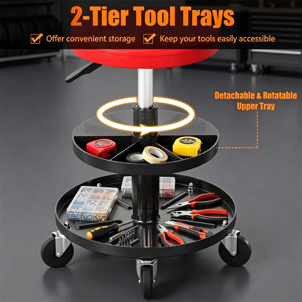 Tabouret mécanique à rouleaux réglable rouge avec bacs de stockage d'outils de 2 étages