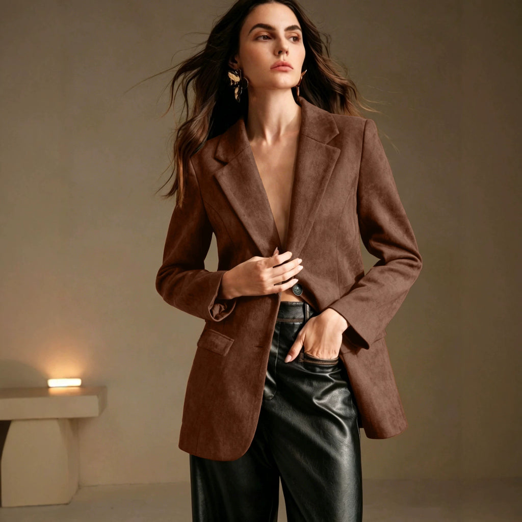 Blazer à velours Suede à deux seins avec poches en flap et manches longues