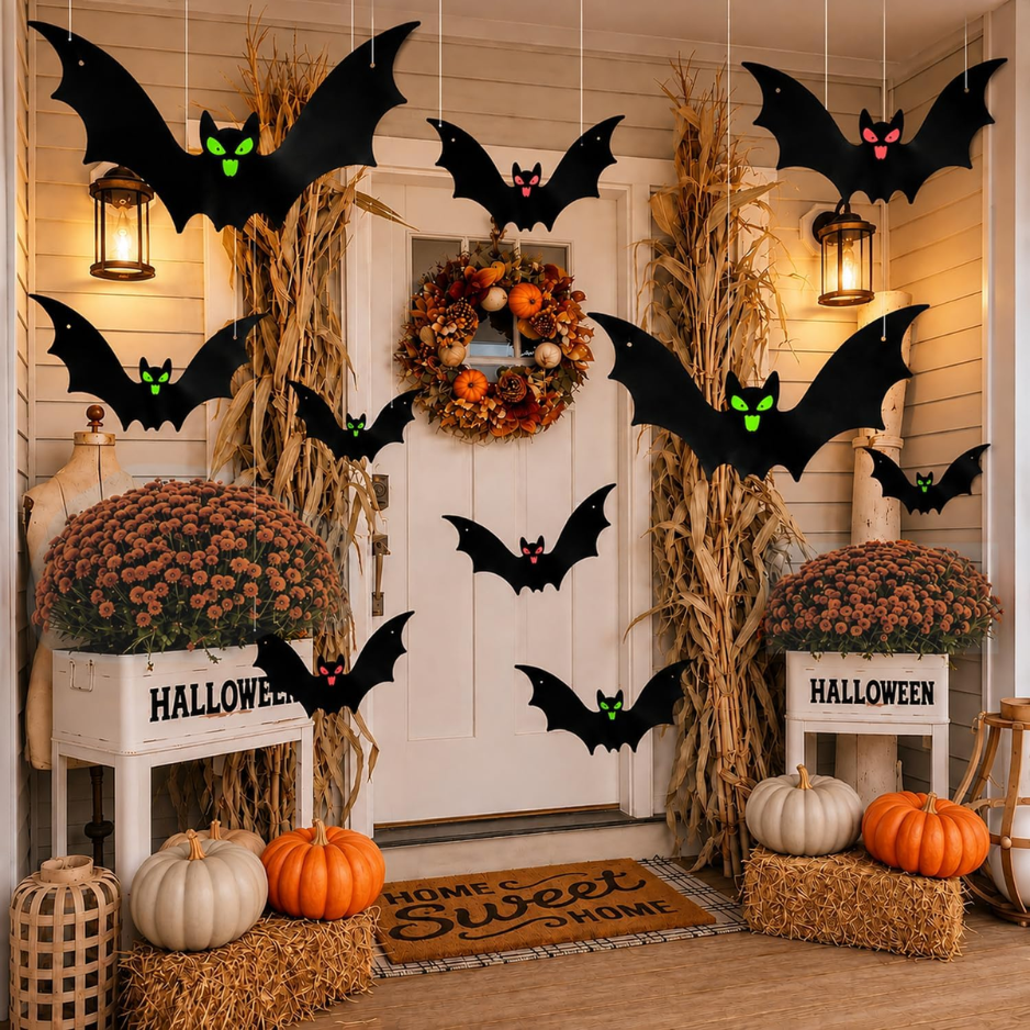 Décorations d'Halloween pour chauve-souris suspendues de 12 paquets 3 tailles assorties - Bat volant résistant aux intempéries