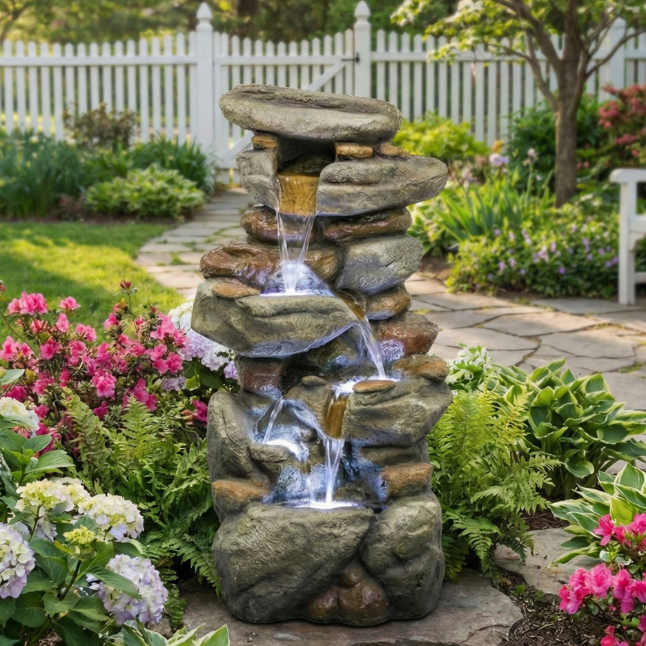 Fontaine d'eau extérieure Grande - Fontaines en pierre avec lumière LED pour jardin Patio Yard Backya