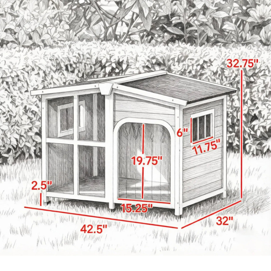 Grand abri pour animaux de compagnie en bois de style chalet avec toit ouvrant et fenêtre géante gris
