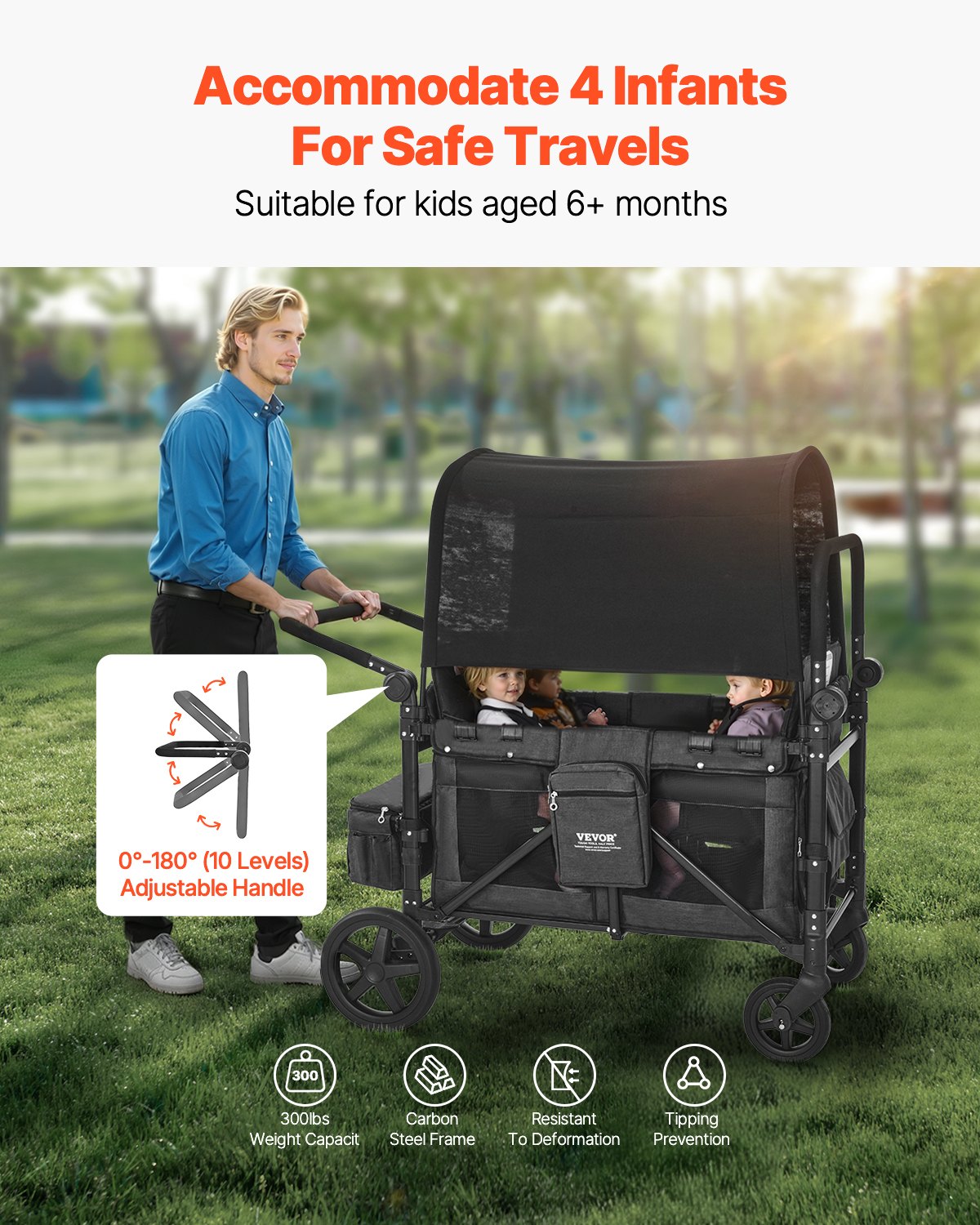 Poussette pour 4 enfants Push Pull Quad Poussette pour camping 330LBS
