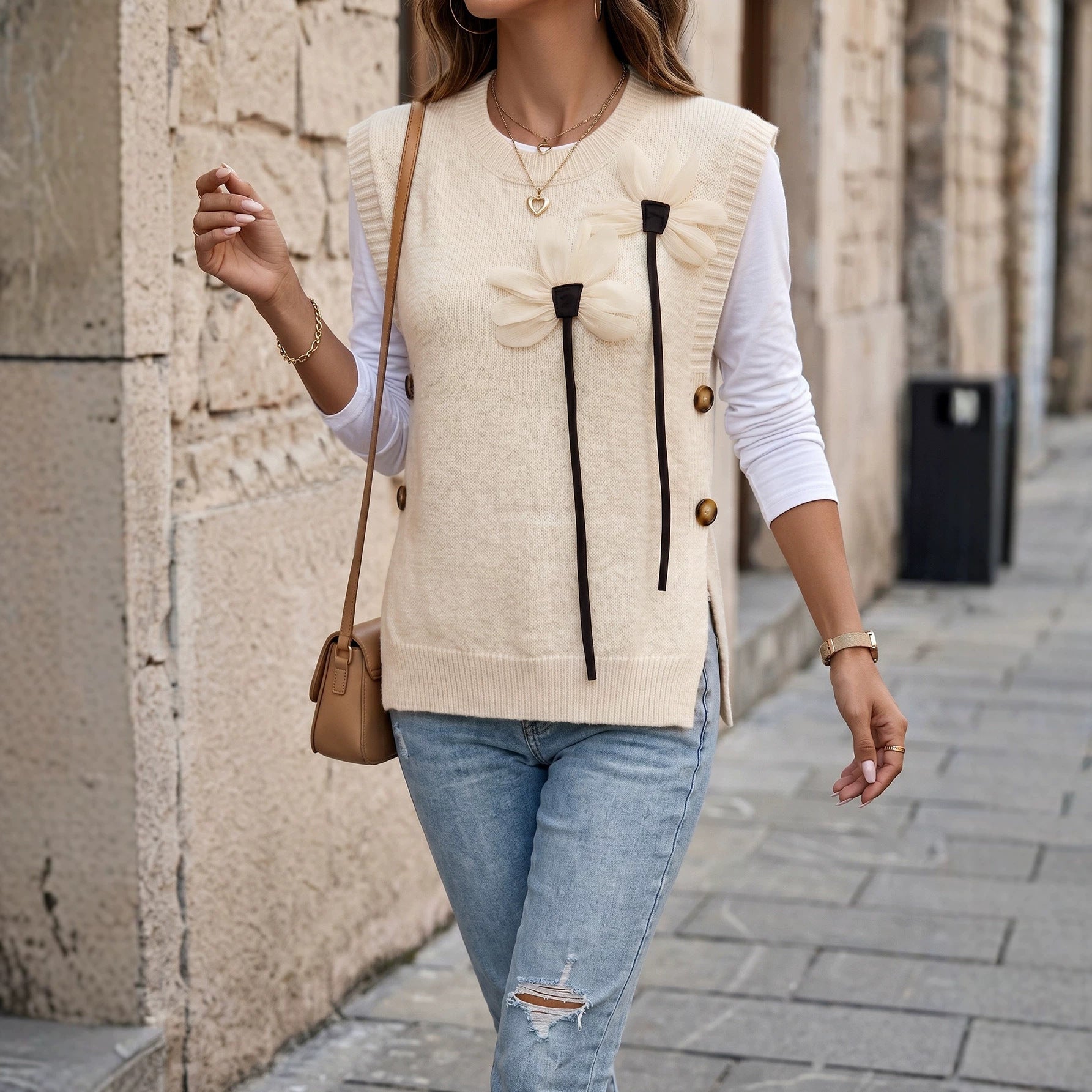 Automnehiver Femmes tricotées Veste de patchwork avec un collier rond et une couleur solide