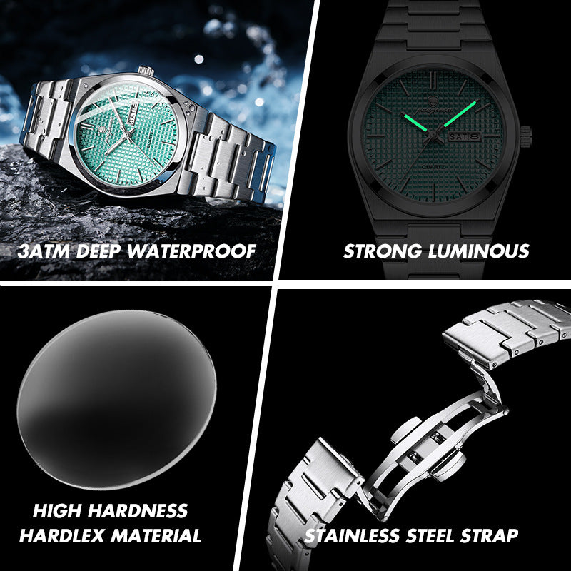 Montre de calendrier étanche à quartz lumineux
