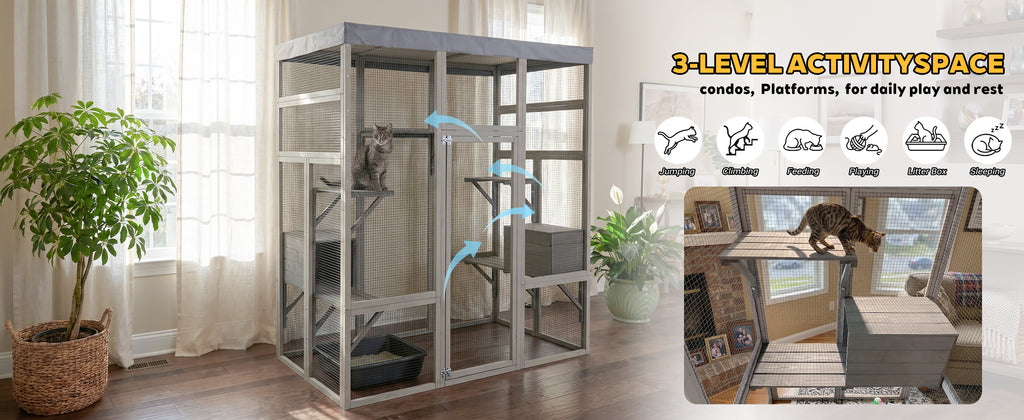 Catio en bois gris avec couvercle imperméable