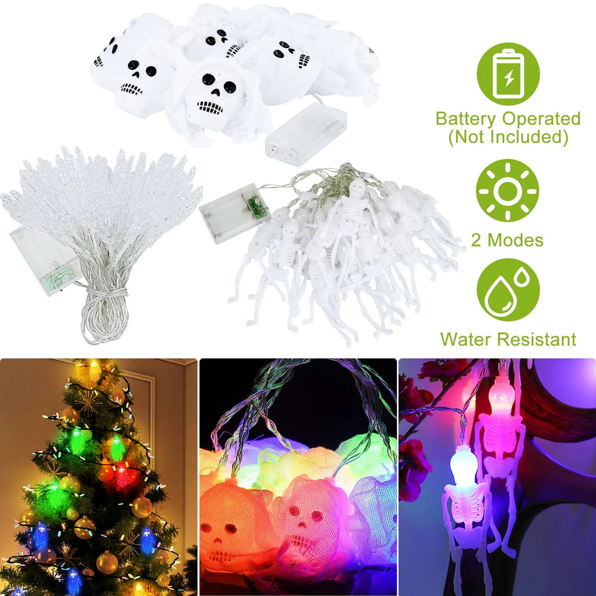 3Pcs Décorations de lumière d'Halloween Total 50 LEDs 24ft Halloween String Lights Colorful 3D Sk