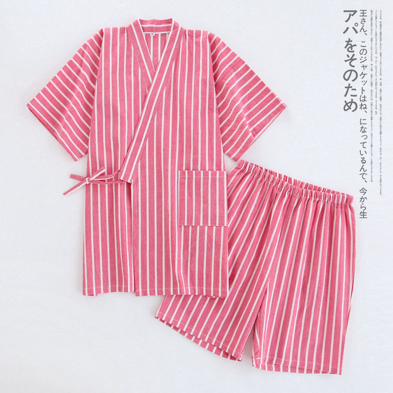 Coton Lavé Pyjama costume mince rayé hommes et femmes japonais couple Kimono pantalons