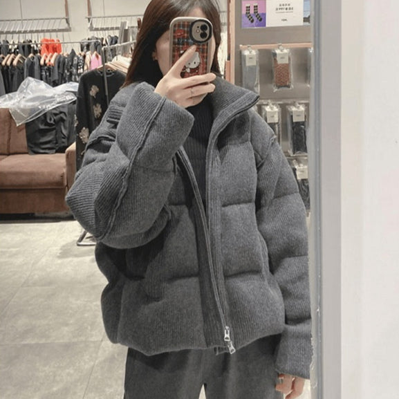 Style coréen Retro Gray Stand-collar Corduroy Loose Coton Veste rembourrée