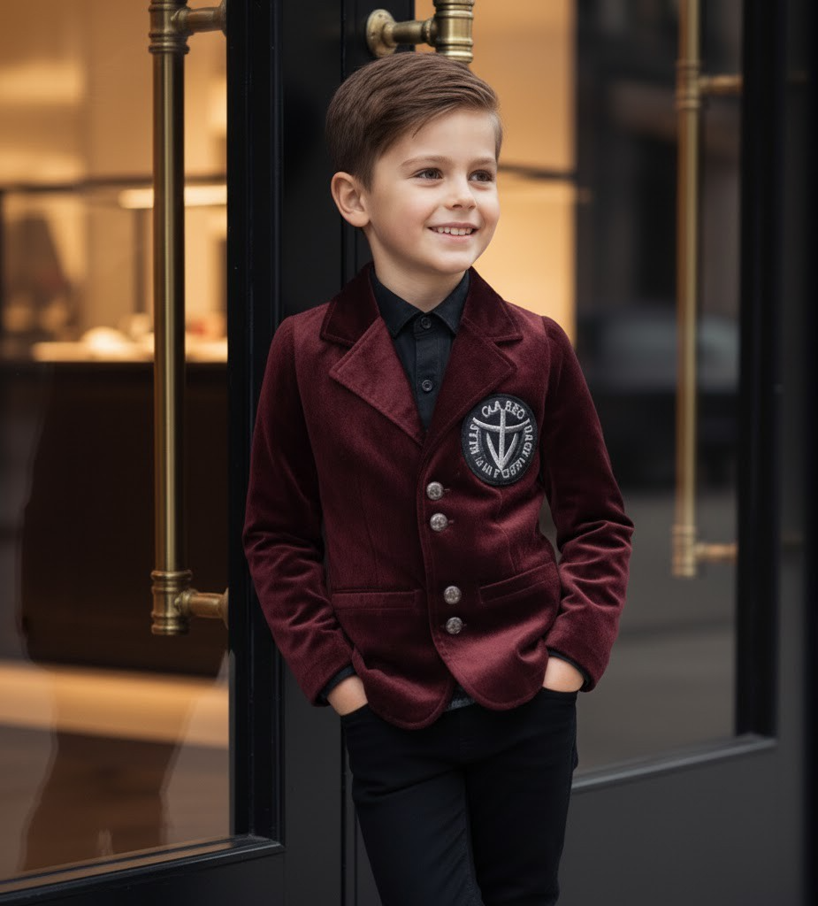 Garçon costume formel anniversaire Veste de fête Velvet Blazer vin rouge 3-7y Slim Fit