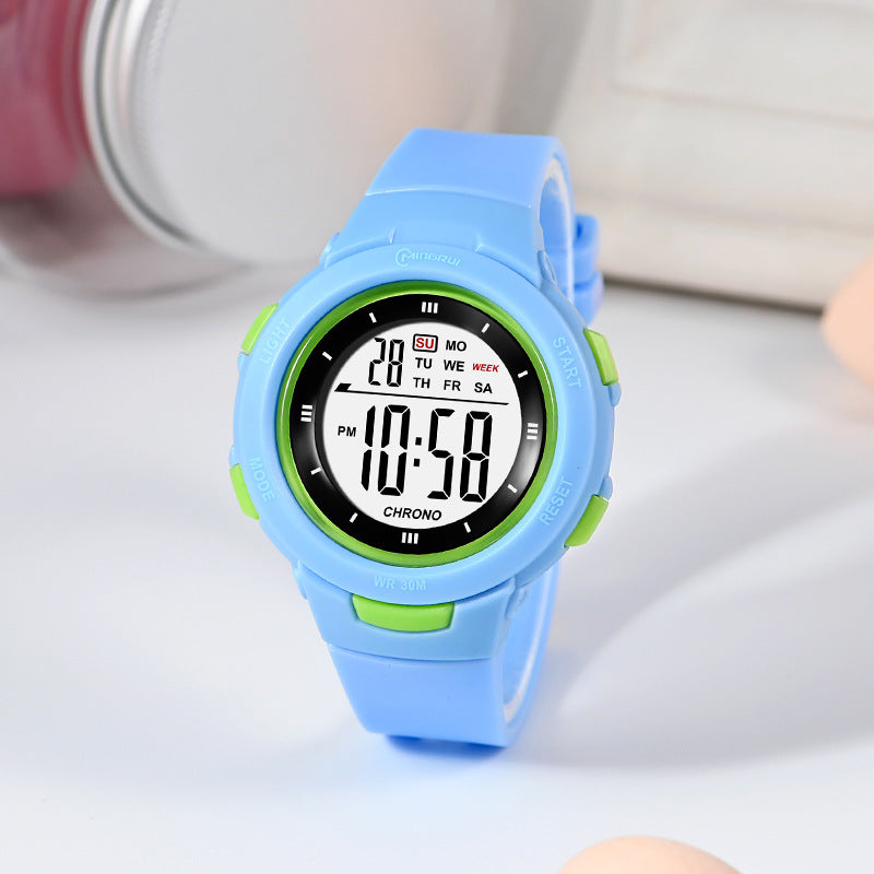 Fashion épingle boucle lumineuse imperméable PU strap Student Montre électronique