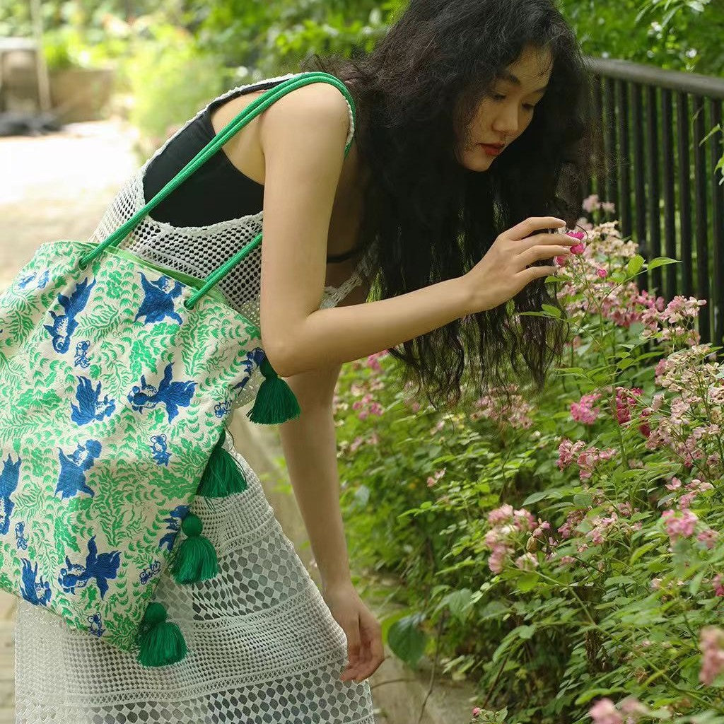 Sac en toile de tassel contrast-colore style chinois