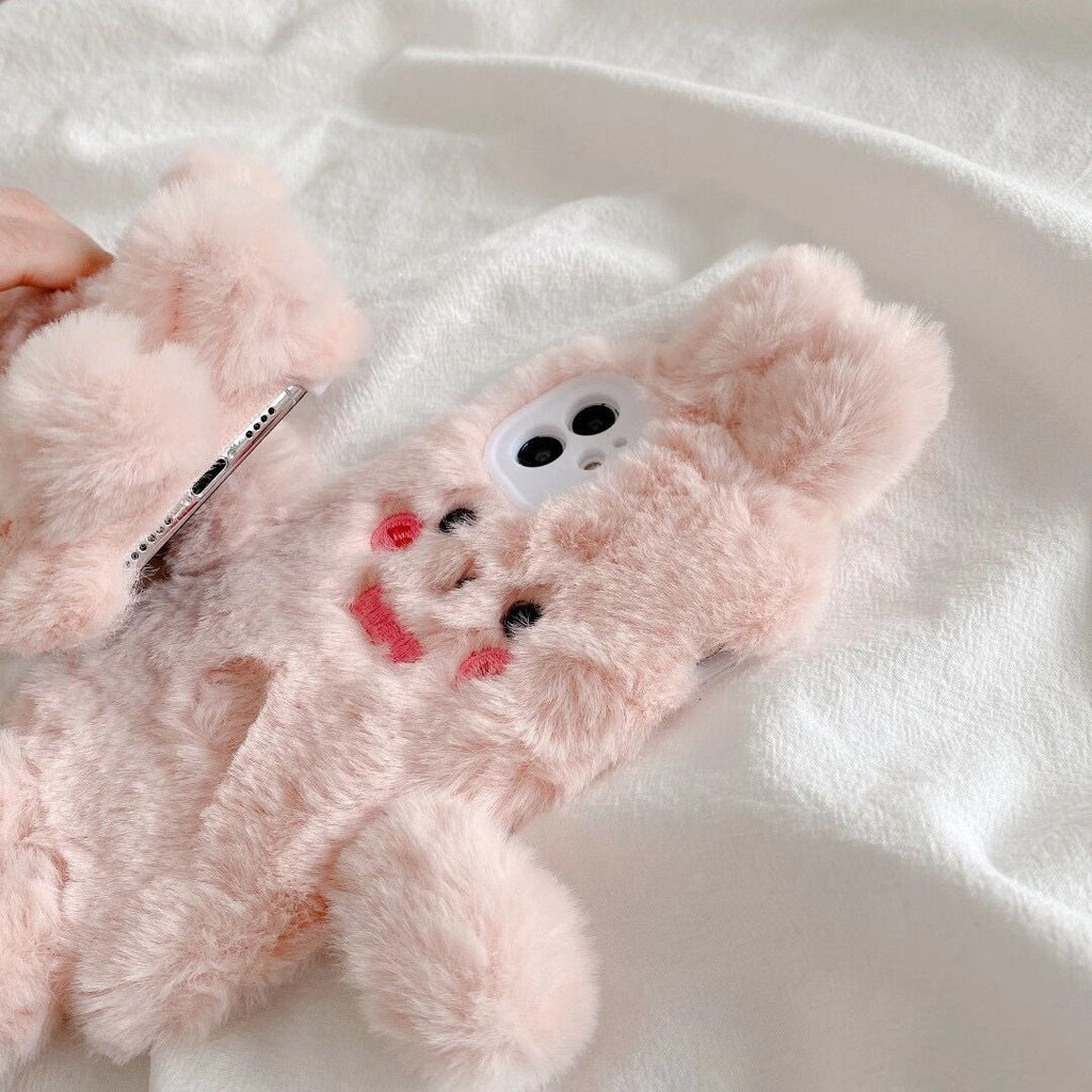 Étui de téléphone en peluche rose lapin