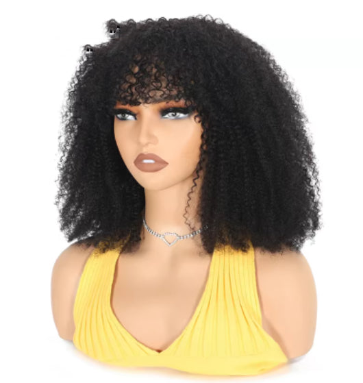 Afro Kinky Curly Cheveux humains Perruques sans colle avec Bangs 4B 4C