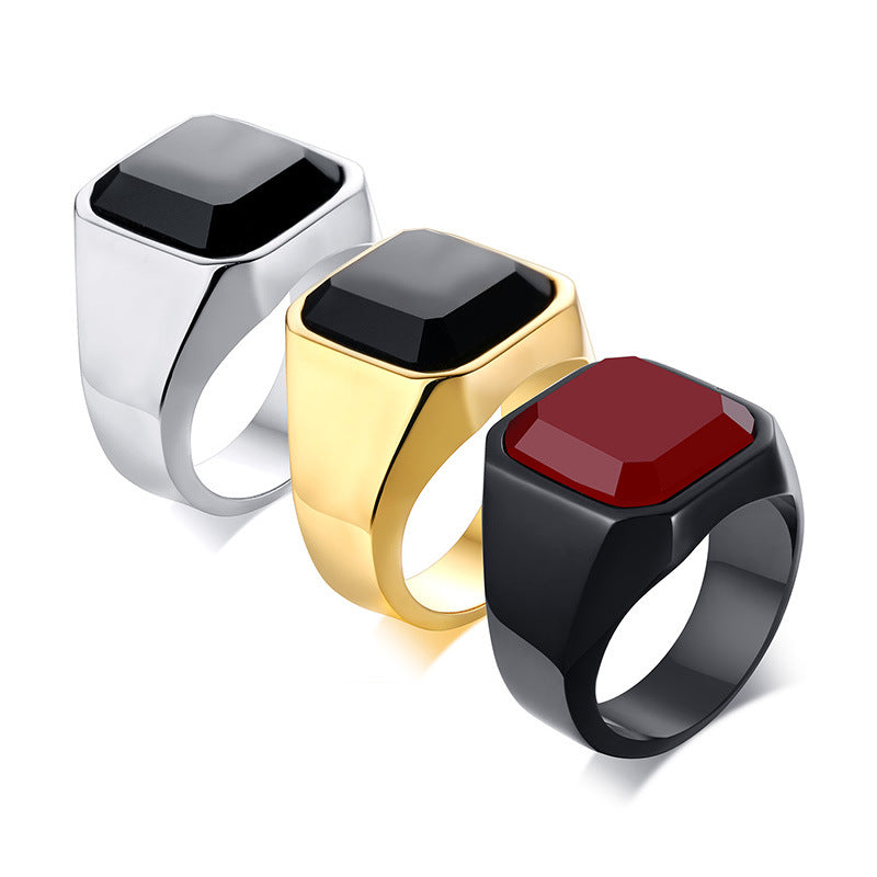 Bague agate noire en acier inoxydable pour homme
