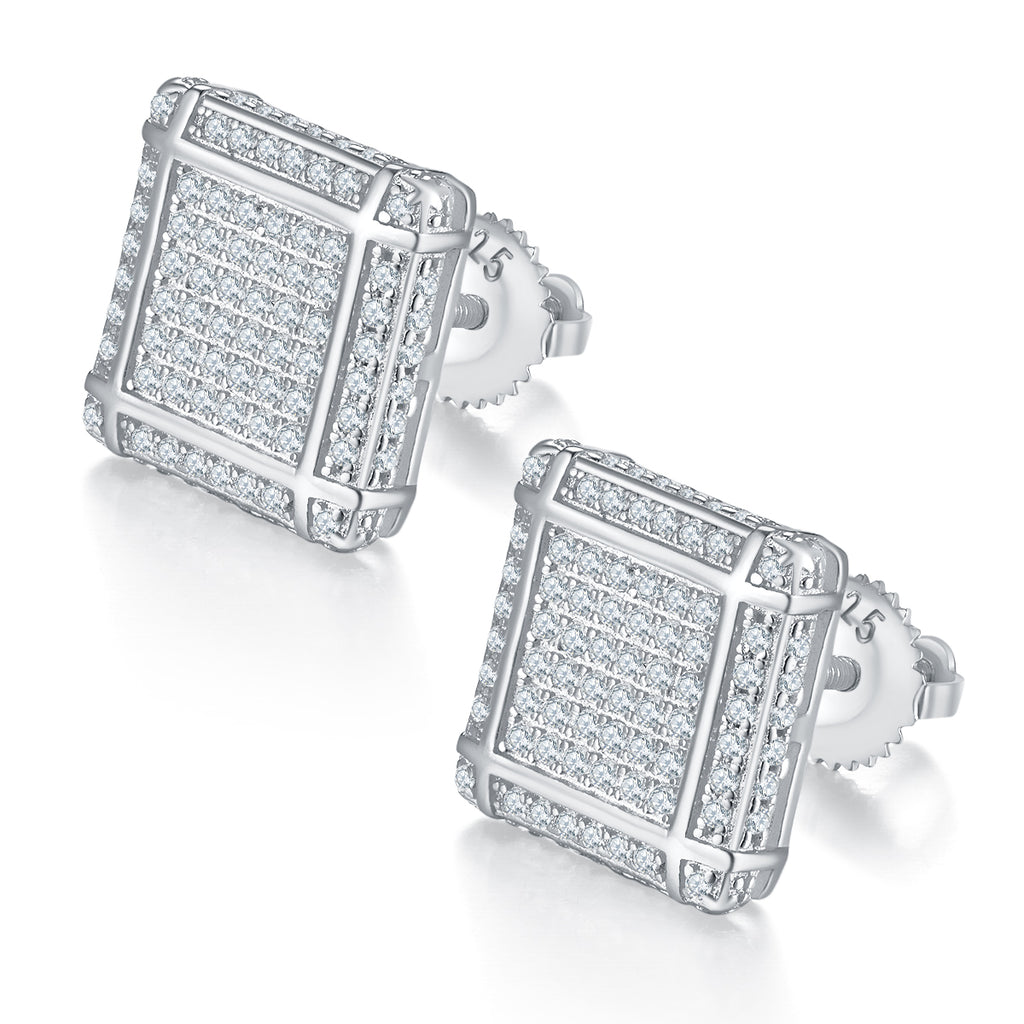 S925 Argent Sterling 176pcs D Couleur VVS1 Moissanite Boucles d'oreilles carrées 3D 11,5mm Vis arrière H