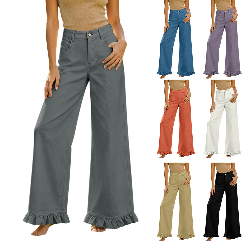 Pantalon à large jambe en coton taille haute avec l'ourlet volant