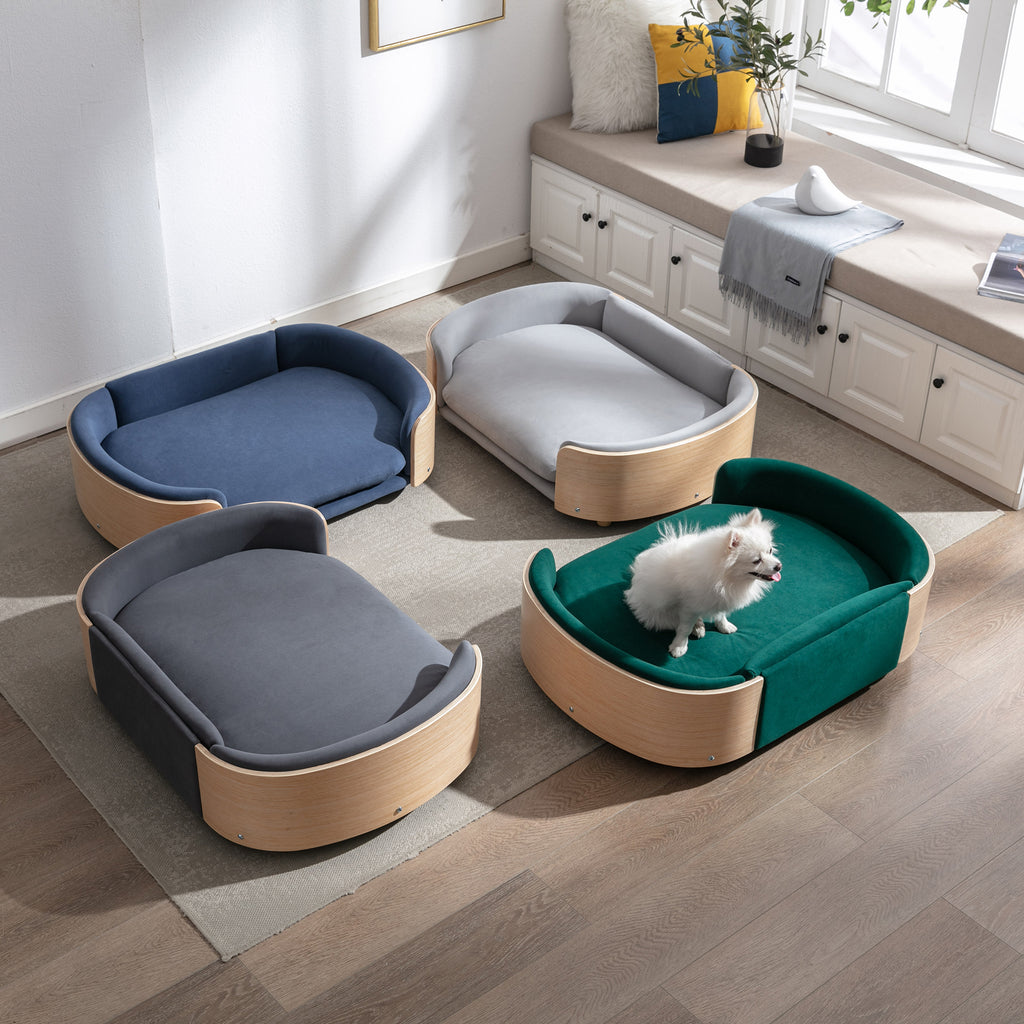 Style scandinave Lit de chien élevé Canapé pour animaux avec pieds en bois massif et dos en bois bent