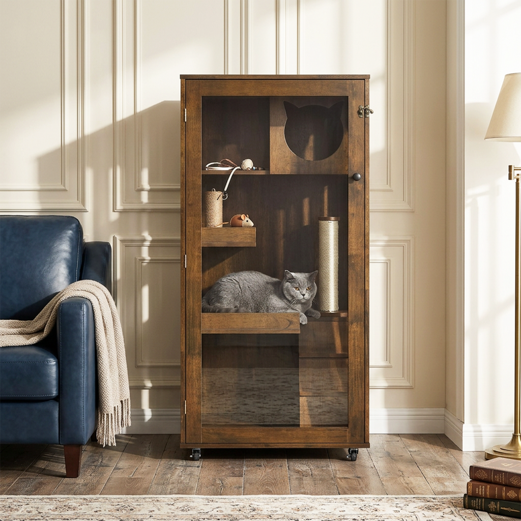Armoire de chat en bois de caoutchouc intérieur Basia avec roues