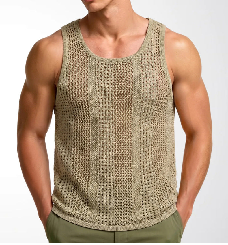 Été hommes sans manches Knit Hollow-out Deep U-Neck Casual Tank Top