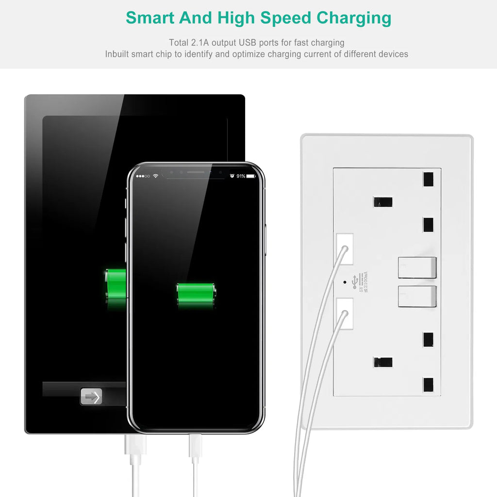 UK Wall Outlet Dual Wall Plug Socket Duplex 2.1A Chargeur mural USB avec éclairage de commutateur de prise I