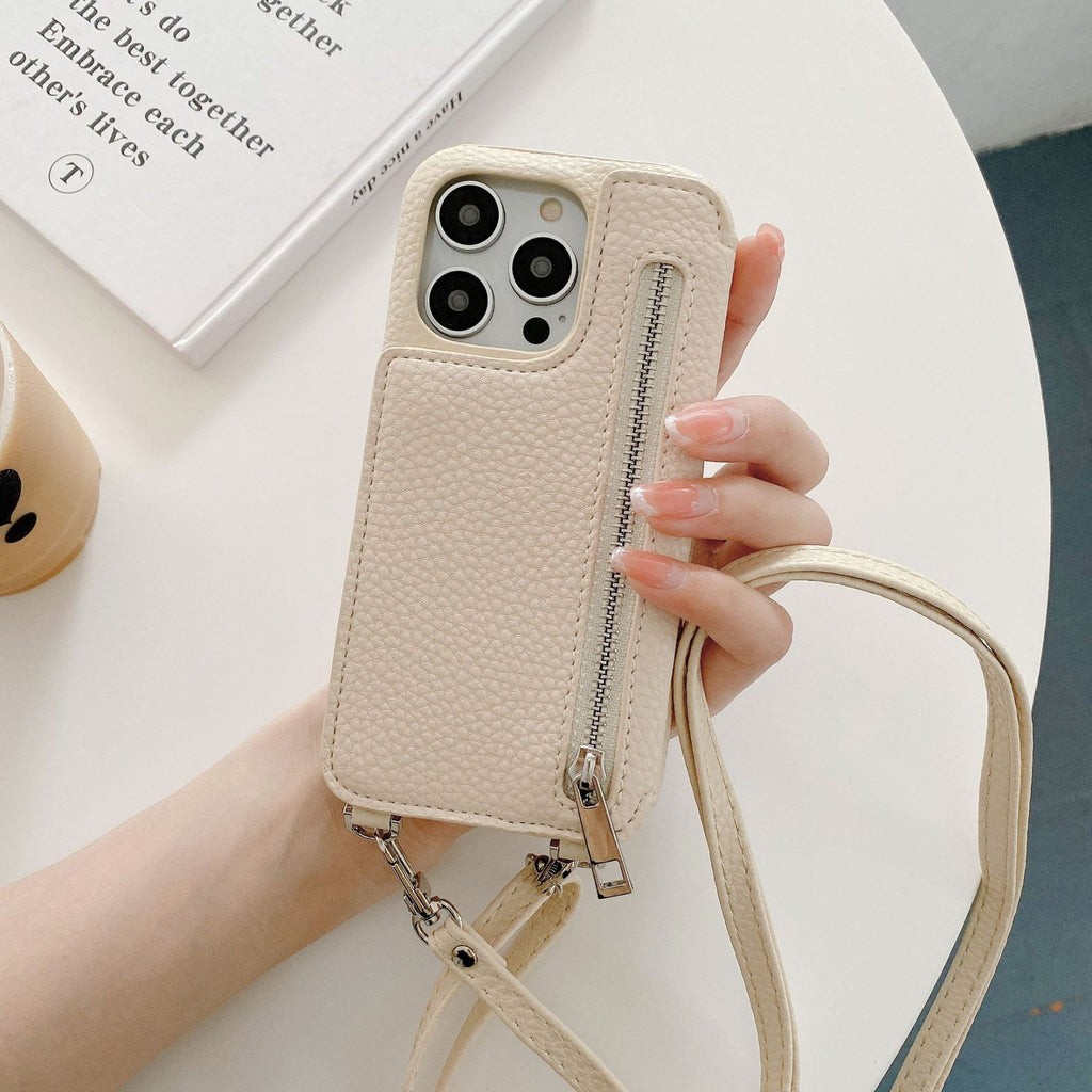 Cas téléphonique Lychee Pattern Insertion de carte Miroir de beauté Crossbody