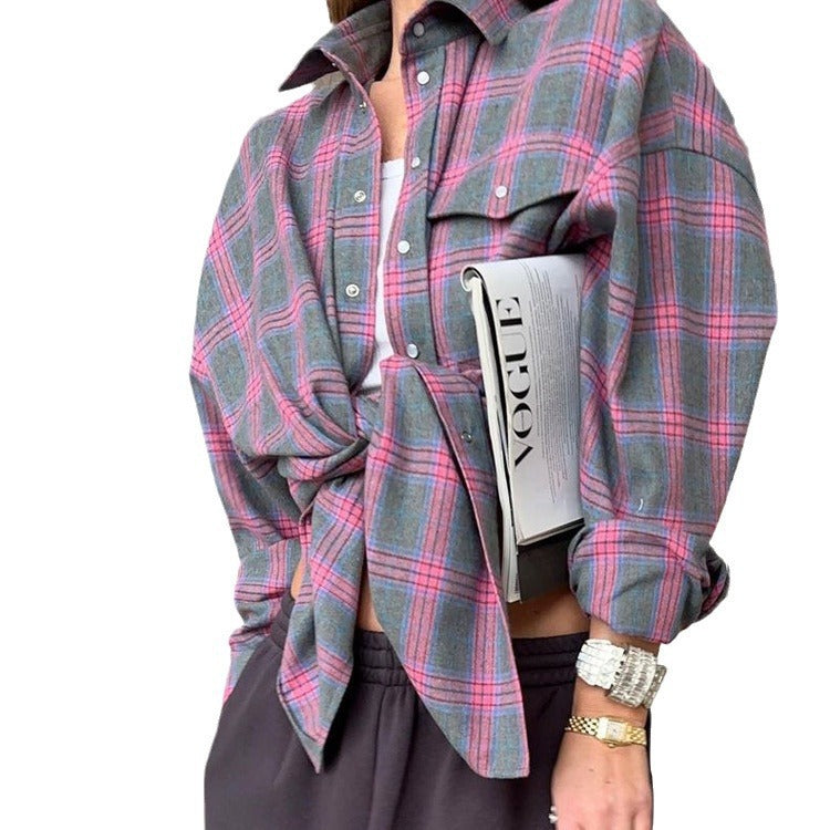 Chemise pour femme d'Amazon Ozon Style rétro enroulé Printemps Automne Hiver Plaid Poche à manches longues