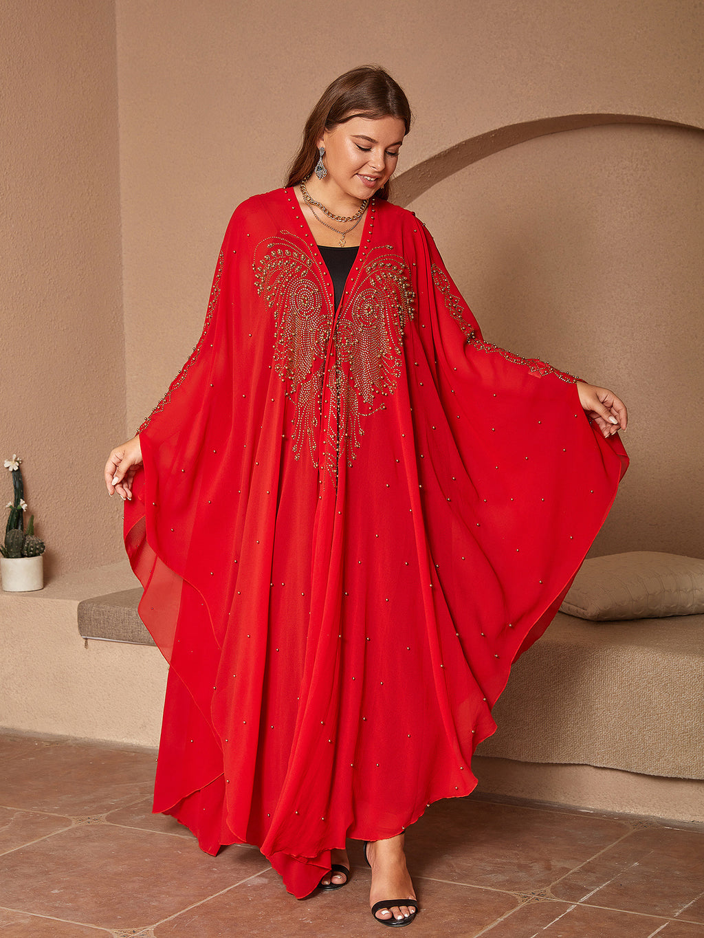 Style musulman Strass Perles Haute Densité Chiffon Cape Et Châle
